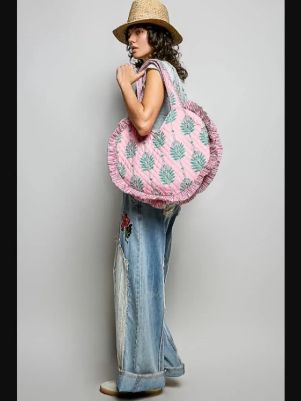 POL Pink Ruffle Trim Quilted Heart Shaped Tote Shoulder Bag NEW